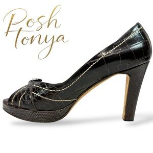 Titti Dell’Acqua Alligator Leather Peep Toe Pumps Brown Croc Size 38.5 Mob Wife
